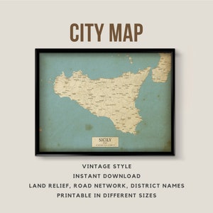 Afdrukbare vintage stijl kaart van Sicilië, Italië - Instant Download \ Stratenplan \ Wall Art \ Kaart Poster \ Antiek \ Kaart Print \ Sicilië Cadeau