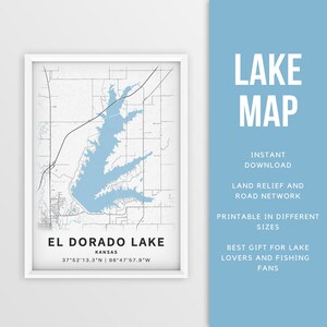Mapa imprimible del lago El Dorado, Kansas, EE. UU. - Descarga instantánea \ Mapa del lago \ Cartel del mapa \ Decoración de la casa del lago \ LakeLife \ Pesca \ Paseos en bote