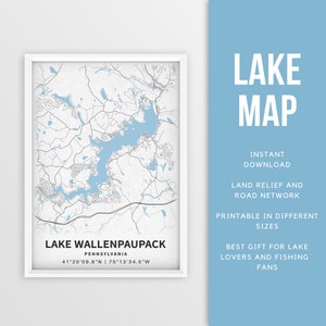 Mapa imprimible del lago Wallenpaupack, Pensilvania, EE. UU. - Descarga instantánea \ Mapa del lago \ Cartel del mapa \ Decoración del lago \ LakeLife \ Pesca \ Paseos en bote