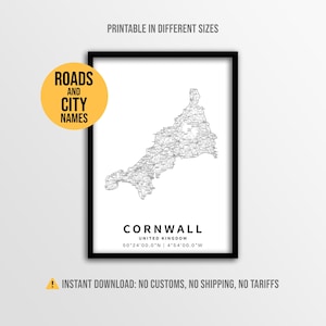 Cornwall Map Poster, Printable England Road Map with Town Names (Instant Download)