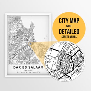 Druckbare Karte von Dar es Salaam, Tansania mit Straßennamen - sofortiger Download ~ Karte ~ ~ Stadt Karte ~ Stadt Poster ~ Strassenkarte