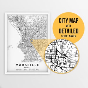 Mapa imprimible de Marsella, Francia con nombres de calles - Descarga instantánea \ Mapa de la ciudad \ Regalo de viaje \ Cartel de la ciudad \ Impresión de mapa de carreteras \ Mapa de calles