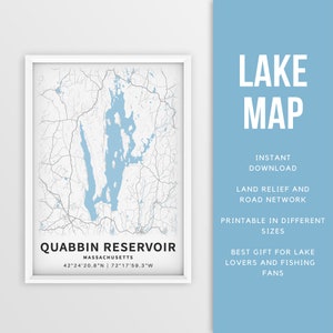 Mapa imprimible del embalse de Quabbin, Massachusetts, EE. UU. - Descarga instantánea \ Mapa del lago \ Cartel del mapa \ Decoración de la casa del lago \ Pesca \ Paseos en bote