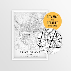 Bratislava Slovakia Map with Street Names, Printable Bratislava City Poster (Instant Download)