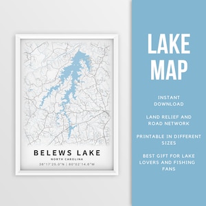 Mapa imprimible de Belews Lake, Carolina del Norte, EE. UU. - Descarga instantánea \ Mapa del lago \ Cartel de pesca \ Decoración de la casa del lago \ LakeLife \ Paseos en bote