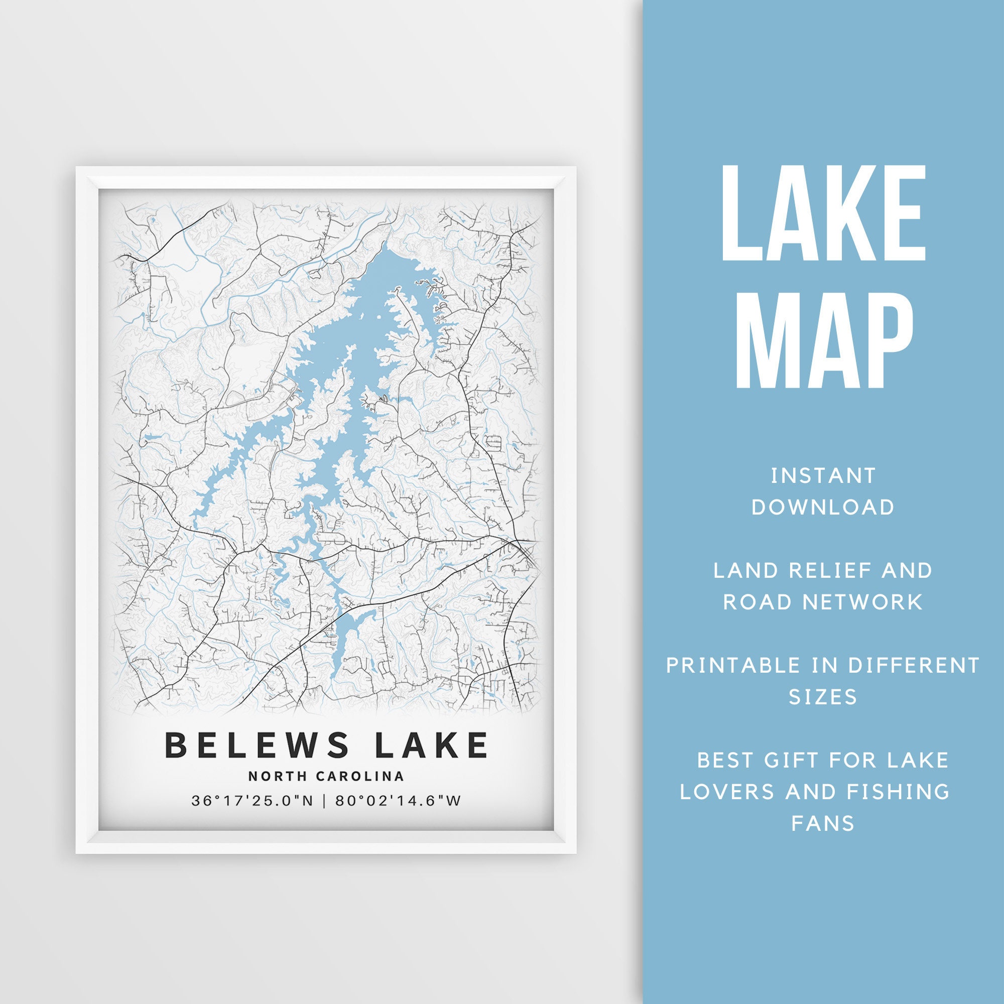 Printable Map of Belews Lake, North Carolina, US Instant Download Lake Map  Fishing Poster Lake House Decor Lakelife Boating -  Canada