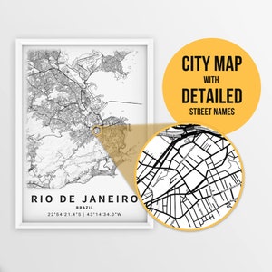 Mapa para impressão do Rio de Janeiro, Brasil com nomes de ruas - Download instantâneo \ Mapa da cidade \ Presente de viagem \ Cartaz da cidade \ Impressão de roteiro