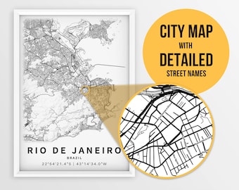 Printable Map of Rio De Janeiro, Brazil with Street Names - Instant Download \ City Map \ Travel Gift \ City Poster \ Road Map Print