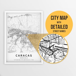 Mapa imprimible de Caracas, Venezuela con nombres de calles - Descarga instantánea \ Mapa de la ciudad \ Regalo de viaje \ Cartel de la ciudad \ Impresión de hoja de ruta \ Arte de pared