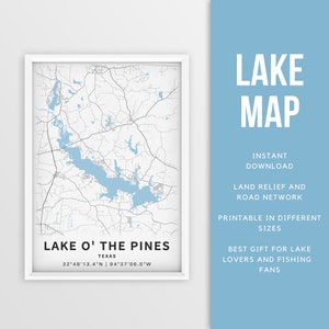 Mappa stampabile del lago O' the Pines, Texas, Stati Uniti - Download istantaneo \ Mappa del lago \ Mappa Poster \ Lake House Decor \ LakeLife \ Pesca \ Canottaggio
