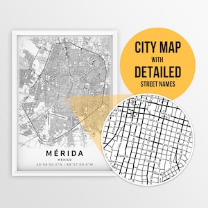 Druckbare Karte von Mérida, Yucatán, Mexiko mit Straßennamen - sofortiger Download ~ Karte ~ ~ Strasskarte ~ Strassenkarte