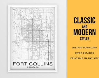 Printable map of Fort Collins, Colorado USA city map - Instant Download \ Street Map \ Wall Art \ Map Poster