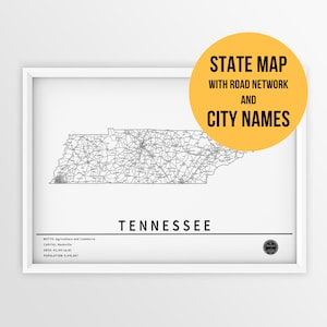 Carte imprimable du Tennessee, aux États-Unis, avec les noms des villes et des routes - téléchargement immédiat \ State Map \ Map Art \ Push Pin Map \ Travel Planner