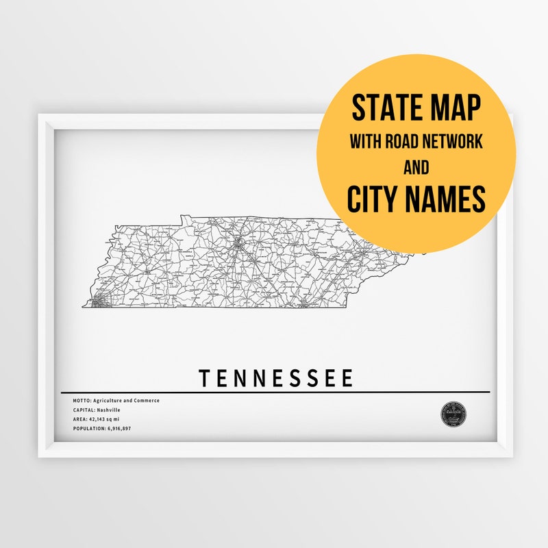 Tennessee State With Cities Map Etsy