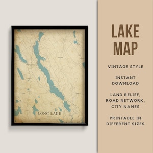 Mapa de estilo vintage de Long Lake, Maine, EE. UU. con nombres de ciudades - Descarga instantánea \ Mapa del lago \ Arte de la pared \ Cartel imprimible \ Decoración de la casa del lago