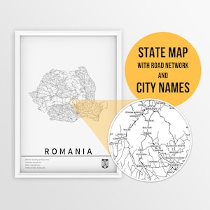 Afdrukbare kaart van Roemenië met stadsnamen en wegen - Instant Download \ Landkaart \ Kaartkunst \ Push Pin Map \ Reisplanner \ Roemenië Cadeau