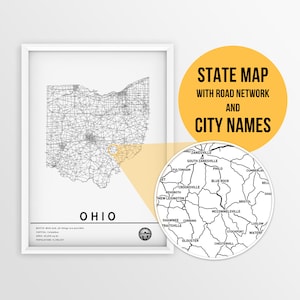 Druckbare Karte von Ohio, USA mit Städtenamen und Straßen - Instant Download \ State Map \ Map Art * Travel Planner / Reiseplaner