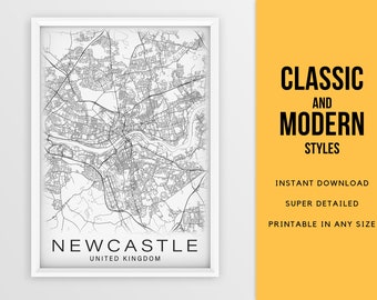 Druckbare Karte von Newcastle, England UK - Sofort Download \ Stadtplan \ Wall Art \ Map Poster