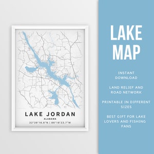 Mappa stampabile del lago Jordan, Alabama - Download istantaneo \ Mappa del lago \ Wall Art \ Mappa Poster \ Lake House Decor \ LakeLife \ Pesca \Canottaggio