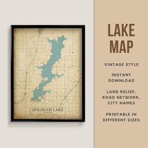 Mapa de estilo antiguo del lago Oologah, Oklahoma, EE. UU., con nombres de ciudades: descarga instantánea \ Mapa del lago \ Arte de pared \ Arte rústico \ Mapa imprimible