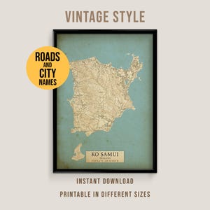 Samui, Thailand Vintage Style Map, Samui City Poster zum Ausdrucken (Instant Download)