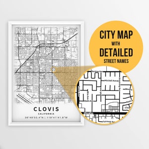 Wydrukowana mapa Clovis, Kalifornia, USA z nazwami ulic - natychmiastowe pobranie \ Mapa miasta \ Prezent podróżny \ Plakat miejski \ Wydruk mapy drogowej