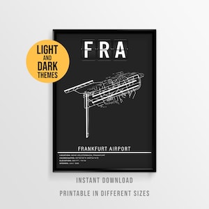 Puede incluir: Impresión enmarcada en negro con un esquema blanco del aeropuerto de Frankfurt, con las letras "FRA" en la parte superior. La impresión incluye el texto "Frankfurt Airport" y "Instant Download, Printable in Different Sizes."