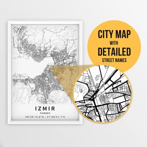Mapa para impressão de Izmir, Turquia com nomes de ruas - download instantâneo \ Mapa da cidade \ Presente de viagem \ Cartaz da cidade \ Impressão de mapa de estradas \ Arte de parede