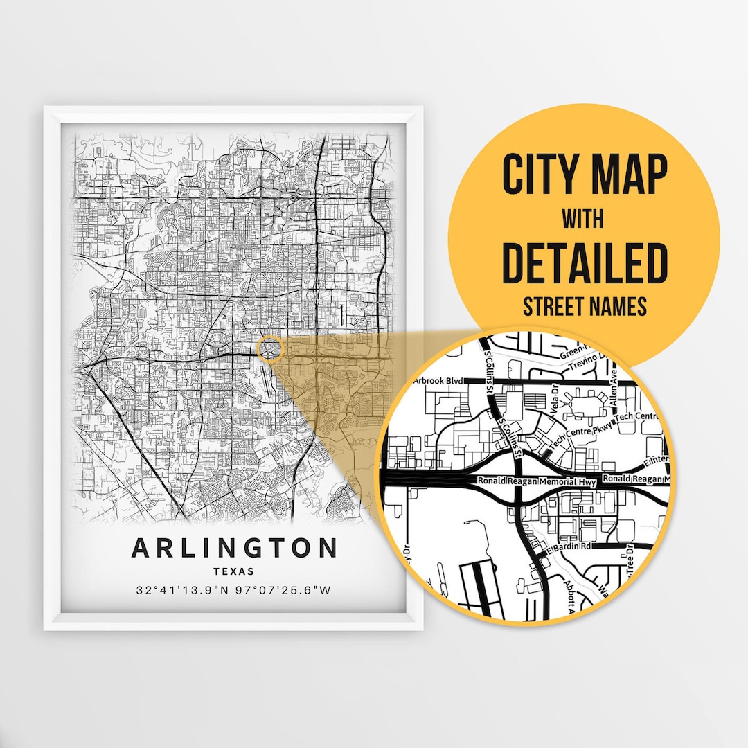 Printable Map of Arlington, Texas, USA With Street Names Instant