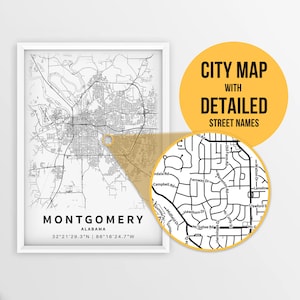 Carte imprimable de Montgomery, Alabama, États-Unis avec les noms des rues - téléchargement immédiat \ plan de la ville \ cadeau de voyage \ affiche de la ville \ impression de carte routière