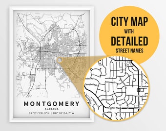 Printable Map of Montgomery, Alabama, USA with Street Names - Instant Download \ City Map \ Travel Gift \ City Poster \ Road Map Print