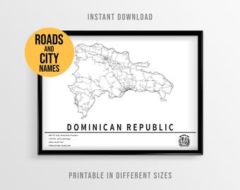 Póster de República Dominicana, mapa de carreteras imprimible con nombres de ciudades (descarga instantánea)