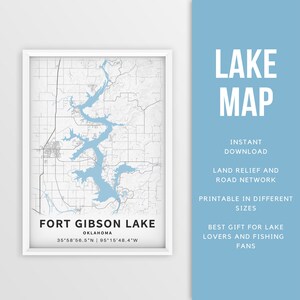 Mapa imprimible de Fort Gibson Lake, Oklahoma, EE. UU. - Descarga instantánea \ Mapa del lago \ Cartel del mapa \ Decoración de la casa del lago \ LakeLife \ Pesca \ Paseos en bote