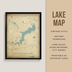 Mapa de estilo vintage del lago Wallenpaupack, Pensilvania, EE. UU. con nombres de ciudades - Descarga instantánea \ Mapa del lago \ Arte de la pared \ Impresión de mapas \ Lake House