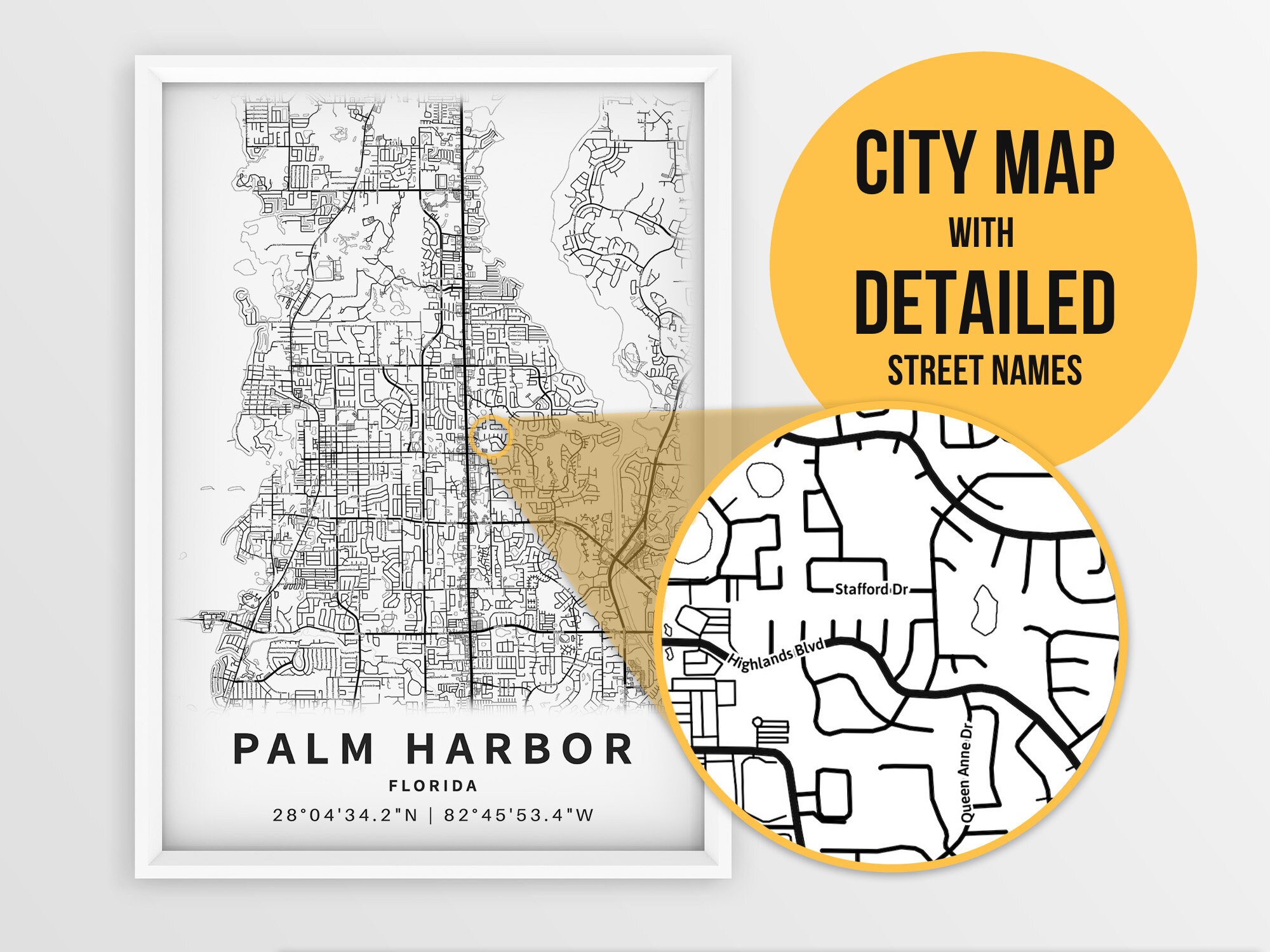 Printable Map of Palm Harbor FL Florida United States with Etsy