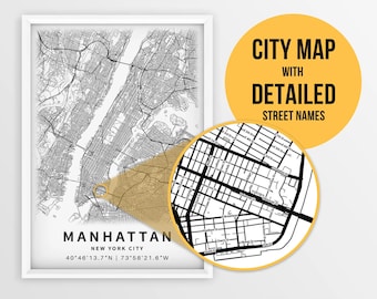 Printable Map of Manhattan, New York City, USA with Street Names - Instant Download \ City Map \ Travel Gift \ City Poster \ Road Map Print