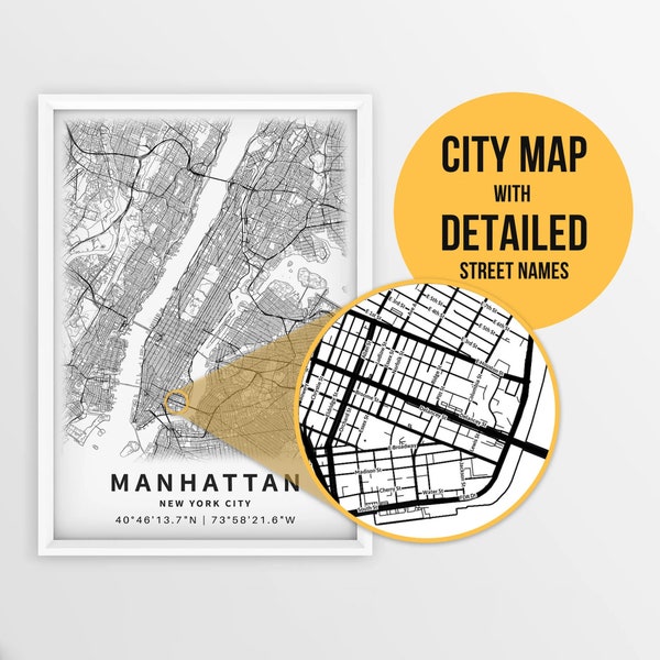 Printable Map of Manhattan, New York City, USA with Street Names - Instant Download \ City Map \ Travel Gift \ City Poster \ Road Map Print