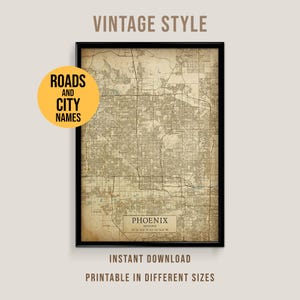 Phoenix, Arizona Vintage Style Map, Printable Phoenix City Poster (Instant Download)