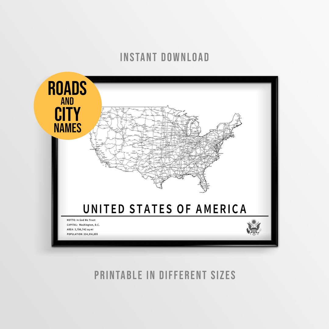 United States Map Poster, Printable USA Road Map With City Names