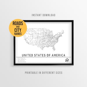 Póster de mapa de Estados Unidos, mapa de carreteras imprimible con nombres de ciudades (descarga instantánea)