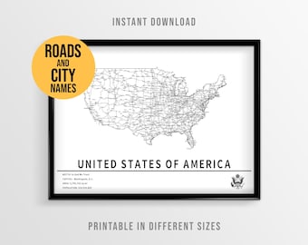 United States Map Poster, Printable USA Road Map with City Names (Instant Download)