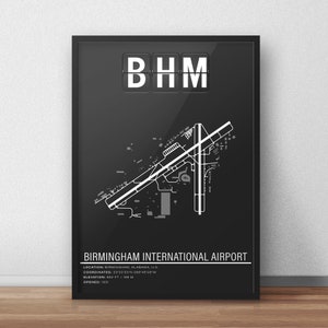 May include: A black and white airport map print featuring the airport code "BHM" and the text "Birmingham International Airport". The map depicts the airport layout with runways, taxiways, and terminals. The text below the map includes the airport's location, coordinates, elevation, and opening date.