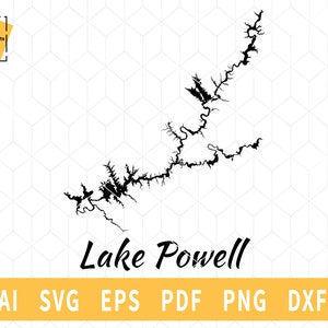 May include: Black and white outline of Lake Powell, a large body of water with many inlets and coves. The text "Lake Powell" is written below the outline. The text "AI SVG EPS PDF PNG DXF" is written below the lake name.