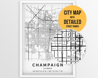 Carte de l'Illinois de Champaign avec les noms des rues, affiche imprimable de la ville de Champaign (téléchargement instantané)