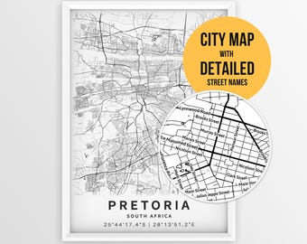Carte de Pretoria (Afrique du Sud) avec les noms des rues, affiche imprimable de la ville de Pretoria (téléchargement instantané)