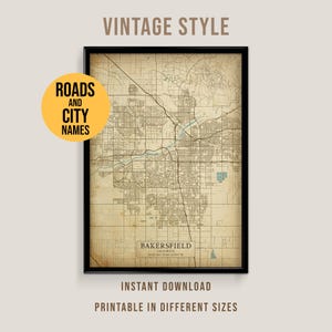 Bakersfield, California Vintage Style Map, Printable Bakersfield City Poster (Instant Download)