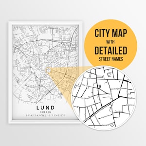 Mapa imprimible de Lund, Suecia, con nombres de calles - Descarga instantánea \ Mapa de la ciudad \ Regalo de viaje \ Póster de la ciudad \ Impresión de mapas \ Universidad de Lund