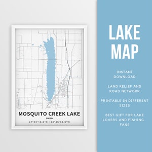 Mapa imprimible de Mosquito Creek Lake, Ohio, EE. UU. - Descarga instantánea \ Mapa del lago \ Cartel del mapa \ Decoración de la casa del lago \ LakeLife \ Pesca \ Paseos en bote