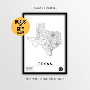 Texas Karte Poster mit Stadtnamen, Lone Star State druckbare Straßenkarte (Instant Download)