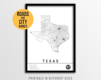 Texas Map Poster with City Names, Lone Star State Printable Road Map (Instant Download)
